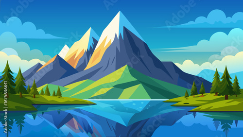 Vector art of majestic mountain landscape reflecting in a serene lake, surrounded by lush greenery and a clear blue sky, creating a peaceful and idyllic scene