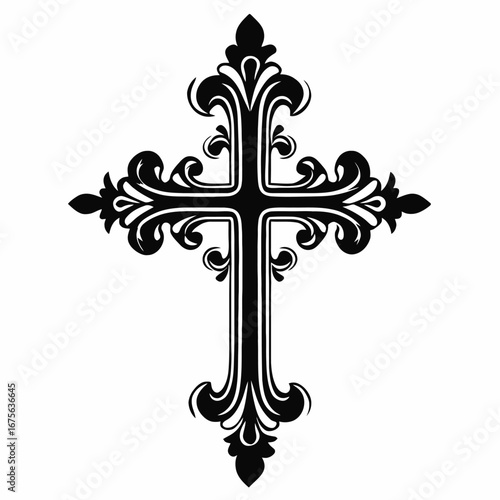 Ornate decorative cross art design, black Christian sign, artistic religious silhouette