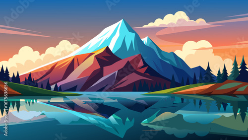 Vector art of colorful mountain landscape reflecting in a tranquil lake, surrounded by lush greenery and a clear blue sky, creating a peaceful and idyllic scene