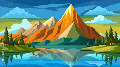 Vector art of scenic mountain landscape reflecting in a tranquil lake under a clear blue sky, surrounded by lush green forests and rolling hills