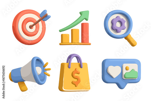 3D digital marketing icon set for business and e-commerce. Vector cartoon symbols for social media, sales growth, SEO optimization, advertising campaign, and audience targeting.