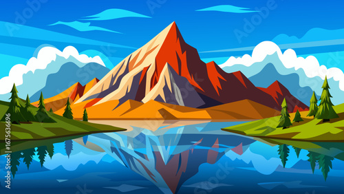 Vector art of breathtaking mountain range reflected in a pristine lake, set against a vibrant blue sky with fluffy clouds and lush green trees