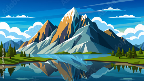 Vector art of scenic mountain landscape with a serene lake reflecting the majestic peaks under a bright blue sky with fluffy clouds, creating a peaceful nature scene