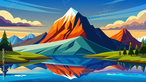 Vector art of vibrant mountain landscape reflecting in the calm lake, with a colorful sky adding to the scenic beauty of the natural environment in the wilderness