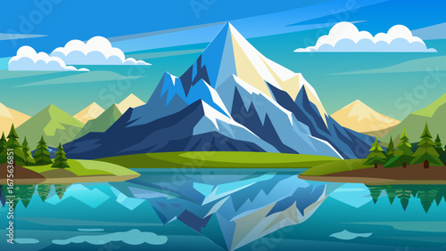 Vector art of majestic mountain peak reflected in a serene lake, surrounded by lush greenery and a clear blue sky, creating a picturesque landscape scene