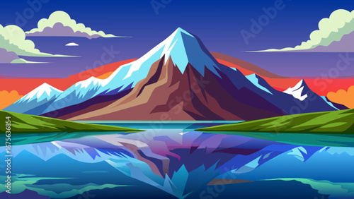 Vector art of vibrant mountain landscape reflecting in a tranquil lake under a colorful sunset sky, a serene and picturesque travel destination for nature lovers