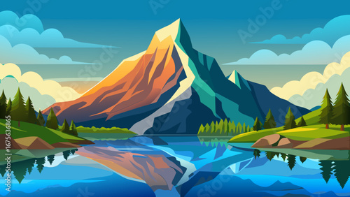 Vector art of picturesque mountain landscape reflected in a calm lake, surrounded by lush green trees and a clear blue sky, a perfect nature getaway