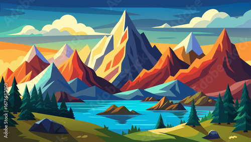 Vector art of a vibrant mountain landscape featuring colorful peaks, a tranquil lake with islands, and lush forests under a dynamic sky, creating a picturesque scene