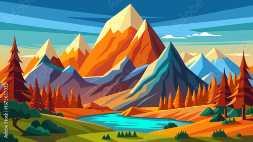 Vector art of vibrant mountain landscape illustration featuring colorful peaks, lush valleys, and a serene lake, ideal for travel posters and naturethemed designs, showcasing outdoor beauty