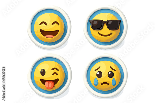 3D emoji vector icon set. Cute cartoon emoticons with various emotions. Face expressions like happy, cool with sunglasses, winking and sad. Modern social media reaction symbols.