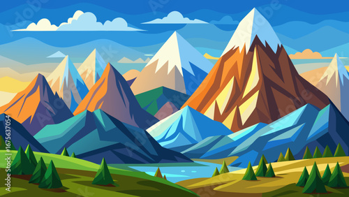 Vector art of colorful mountain range illustration with snowcapped peaks, lush valleys, and a serene lake, perfect for travel posters and naturethemed designs, capturing outdoor beauty