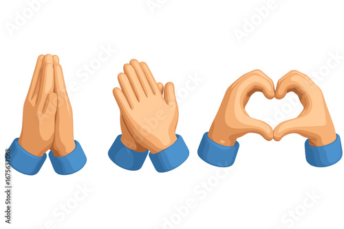 3D hand gestures set. Cartoon emoji style icons. Folded hands for prayer or thanks, clapping for applause and heart shape for love. Vector illustration collection isolated.