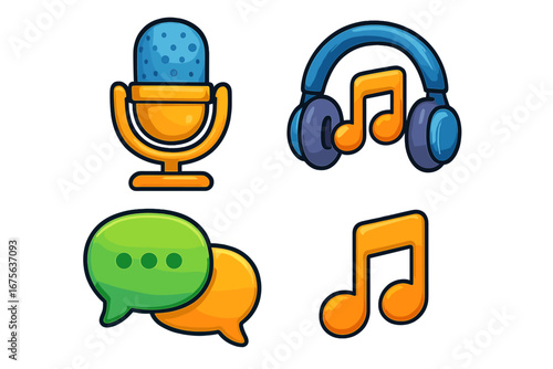 Podcast icon collection in 3D cartoon style. Vector set with microphone, headphones, music note, chat bubble for audio streaming, broadcasting, radio show, and interviews.