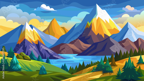 Vector art of breathtaking mountain landscape with snowcapped peaks reflected in a serene lake, surrounded by lush greenery and a clear blue sky