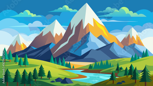 Vector art of majestic mountain range with snowcapped peaks, lush green valleys, and a winding river, creating a serene and picturesque natural landscape