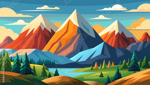 Vector art of a picturesque mountain landscape featuring a serene lake, lush green forest, and majestic peaks under a partly cloudy sky, ideal for tourism