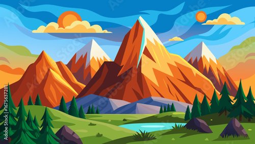 Vector art of scenic mountain landscape with snowcapped peaks, lush green valleys, and a clear blue sky, creating a picturesque and serene outdoor scene