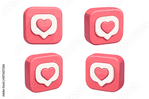 3D like icon set with heart. Social media notification symbol for mobile app logo. Vector render of a user interface element. Love, follow, and feedback web button concept.