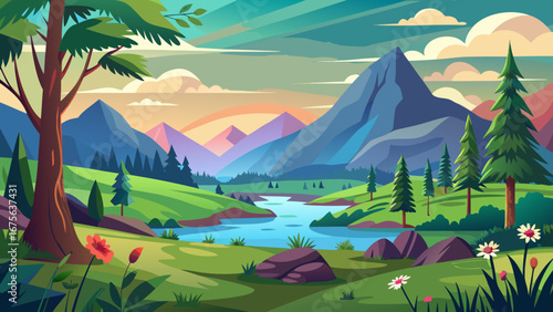 Vector art of a picturesque cartoon landscape featuring a winding river, lush green meadows, and majestic mountains under a serene sky with soft clouds