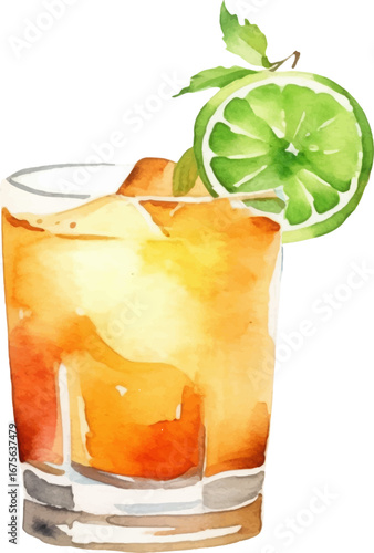 Vector watercolor painted cocktail. Hand drawn design elements isolated on white background.