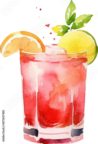 Vector watercolor painted cocktail. Hand drawn design elements isolated on white background.
