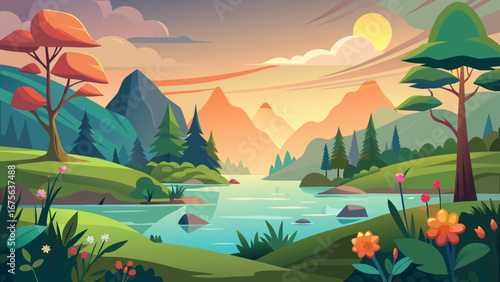 Vector art of a picturesque landscape illustration featuring mountains, a serene river, and a warm sunset, creating a tranquil and inviting nature scene