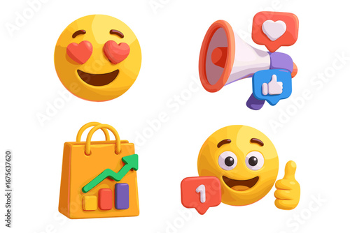 3D social media marketing icon set. Vector emoji with heart eyes, like button, notification bubble. Megaphone for promotion. Shopping bag with sales growth chart for e-commerce.