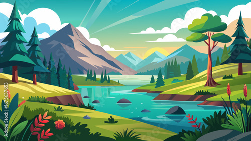 Vector art of scenic mountain landscape with river, lush greenery, and bright sky, creating a tranquil and idyllic nature scene for outdoor adventure