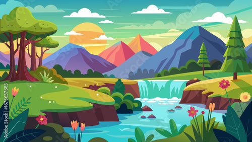 Vector art of scenic mountain landscape with waterfall, lush greenery, and colorful sky, creating a tranquil and idyllic nature scene for outdoor adventure