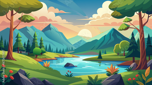 Vector art of scenic mountain landscape with lake, lush greenery, and bright sky, creating a tranquil and idyllic nature scene for outdoor adventure