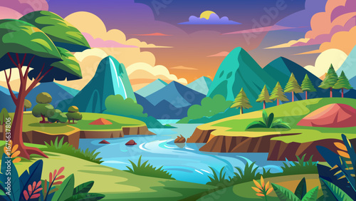 Vector art of a vibrant landscape showcasing mountains, a flowing river, and lush greenery under a colorful sky, creating a captivating and inviting outdoor scene