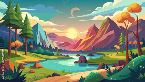 Vector art of colorful cartoon landscape illustration showcasing mountains, a serene river, and vibrant trees under a sunset sky, ideal for nature enthusiasts