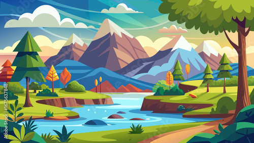 Vector art of a vibrant cartoon landscape featuring majestic mountains, a winding river, and lush greenery under a bright sky, perfect for nature lovers
