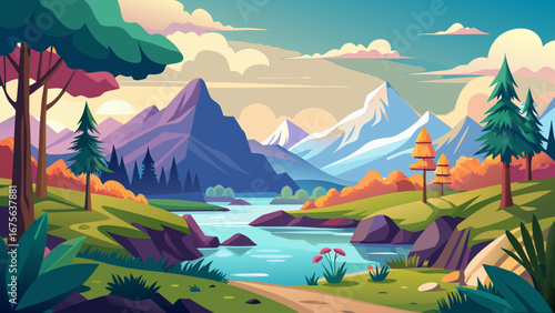 Vector art of a serene cartoon landscape featuring majestic mountains, a winding river, and lush greenery under a pastel sky, perfect for nature lovers