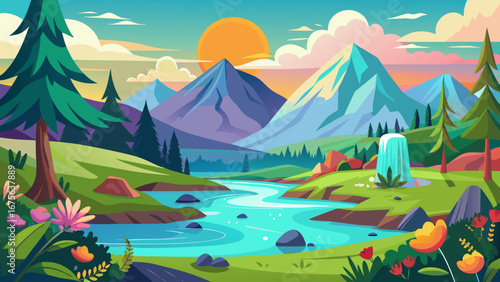 Vector art of vibrant mountain landscape with a winding river, lush greenery, and a bright sun, creating a serene and inviting natural scene