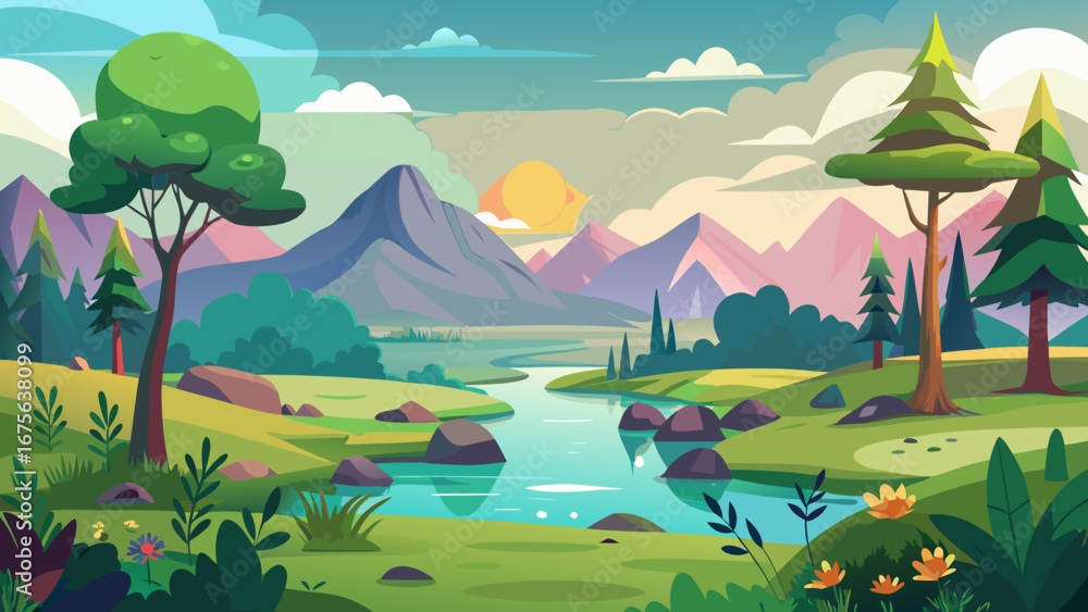 Obraz premium Vector art of cartoon landscape featuring a river, mountains, trees, and a bright sun, creating a serene and idyllic natural scene for travel