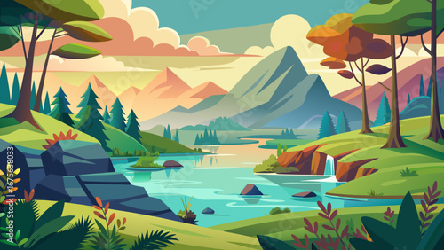 Vector art of serene mountain landscape with a winding river, lush trees, and a pastel sky creates a peaceful and inviting scene for nature lovers and outdoor enthusiasts