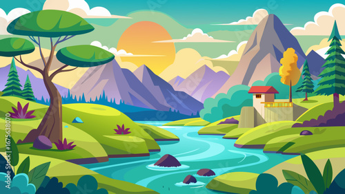 Vector art of cartoon landscape with river, mountains, trees, and a building under a bright sun, showcasing a serene and idyllic natural scene