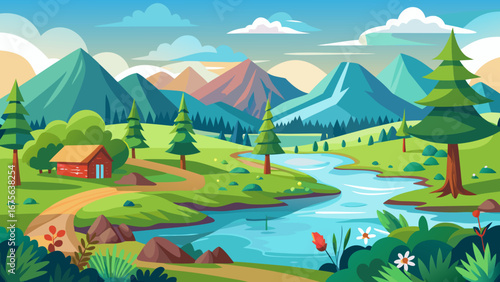 Vector art of a picturesque cartoon landscape with mountains, river, and a cozy house, ideal for travel and naturethemed designs and illustrations