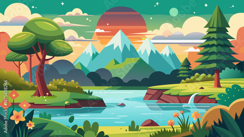 Vector art of a vibrant cartoon landscape featuring majestic mountains, a serene river, and lush greenery, perfect for travel and nature enthusiasts