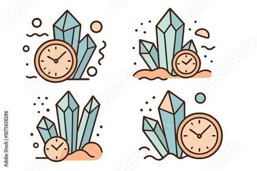 Set of vector icons with clock and crystals. Precious time concept. Gem mineral collection. Abstract graphic design elements. Modern minimalist cartoon style for logo or sticker.