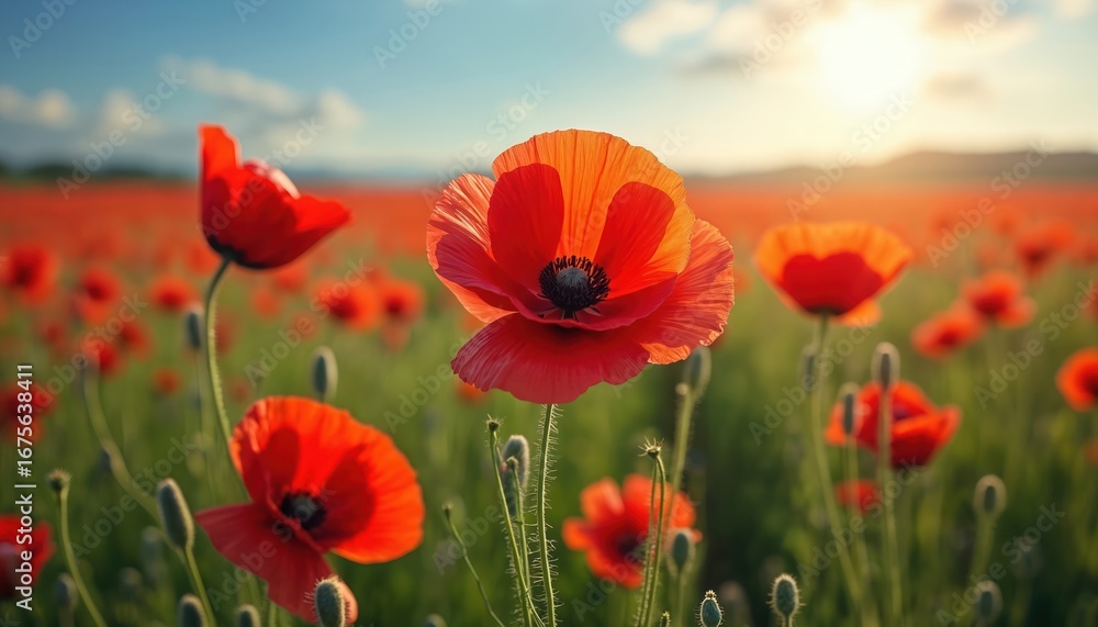 Obraz premium Vibrant red opium poppies bloom abundantly in a sunlit field during spring. Papaver somniferum flowers show delicate petals and dark centers, set against a soft green background with blue sky.