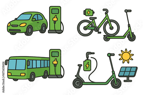 Electric transport icon set. Green mobility with EV car, bus, bike, scooter. Charging station, solar panel, battery. Eco friendly, sustainable urban travel vector cartoon.