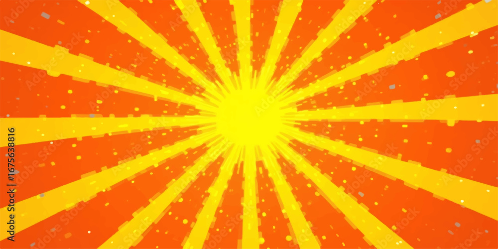 Fototapeta premium An abstract vector illustration of a fiery yellow and orange sunburst pattern, with light rays radiating outward, creating a warm, summery background design