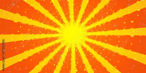 An abstract vector illustration of a fiery yellow and orange sunburst pattern, with light rays radiating outward, creating a warm, summery background design