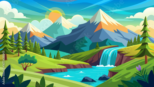 Vector art of breathtaking mountain scenery with a flowing waterfall, vibrant green meadows, and a radiant sunrise, ideal for travel and nature