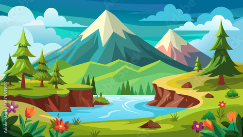 Vector art of idyllic mountain landscape with a serene river, lush greenery, and clear sky, creating a peaceful and inviting natural environment