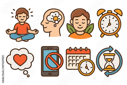 Mindfulness practices and time management icon set. Concepts for personal development, mental health, digital detox, self-care, relaxation, and productivity. Vector icons.