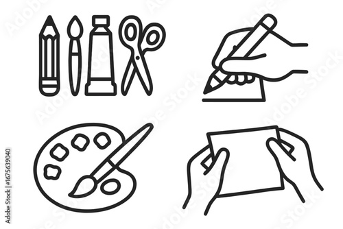 Art and craft line icon set. Creative hobby, DIY tools concept. Hand drawing with pencil, painting with brush and palette. Minimalist vector illustration graphic symbols.