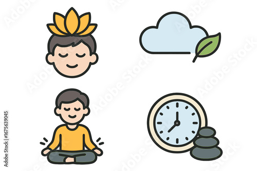Mindfulness, relaxation, time management icon set. Vector illustration of mental health, yoga, meditation concepts. Man in lotus pose, zen stones, clock, nature for calm.